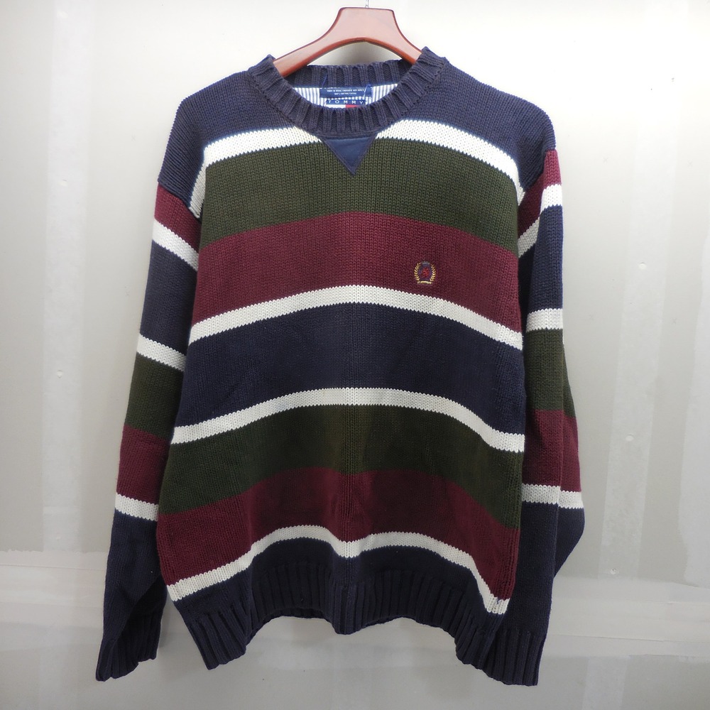 Vintage Tommy Hilfiger Striped Cotton Knit Sweater Navy Green Burgundy Large